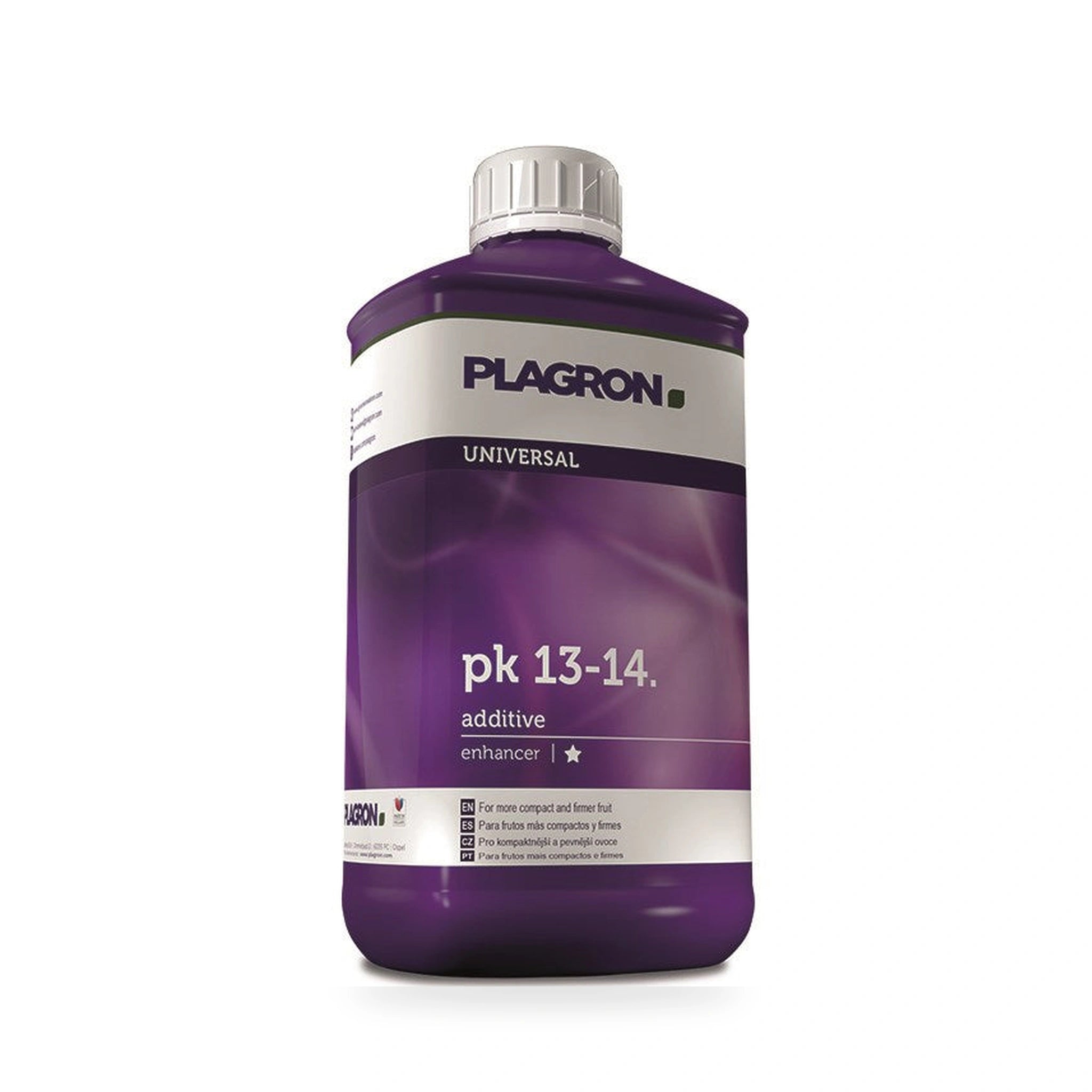A 500ml bottle of Plagron Universal pk 13-14 additive fertilizer, featuring a purple label and a white cap, set against a plain white background.